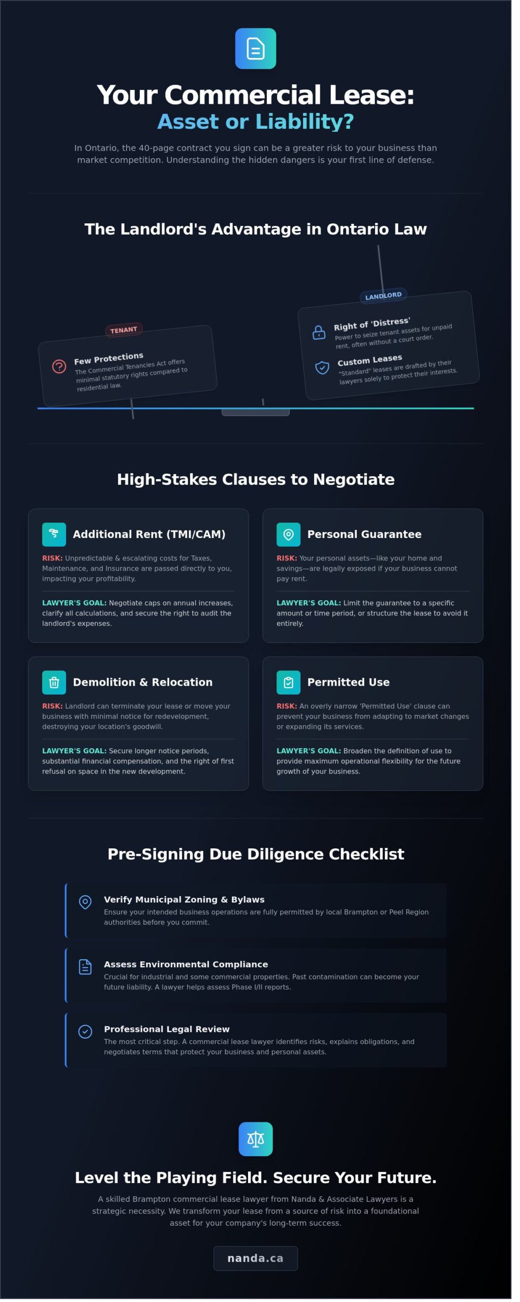 Commercial lease agreement infographic showing key clauses for businesses