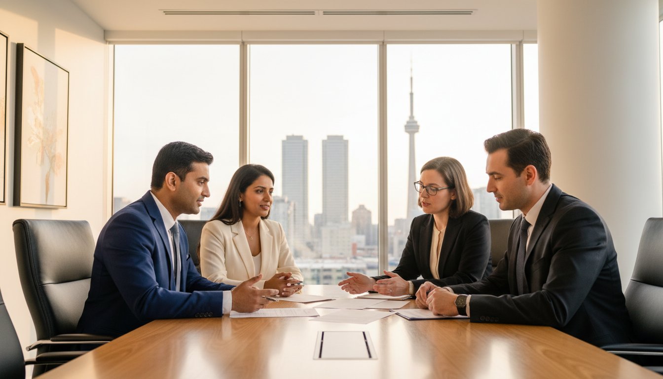 Collaborative family law meeting between spouses and lawyers in Brampton