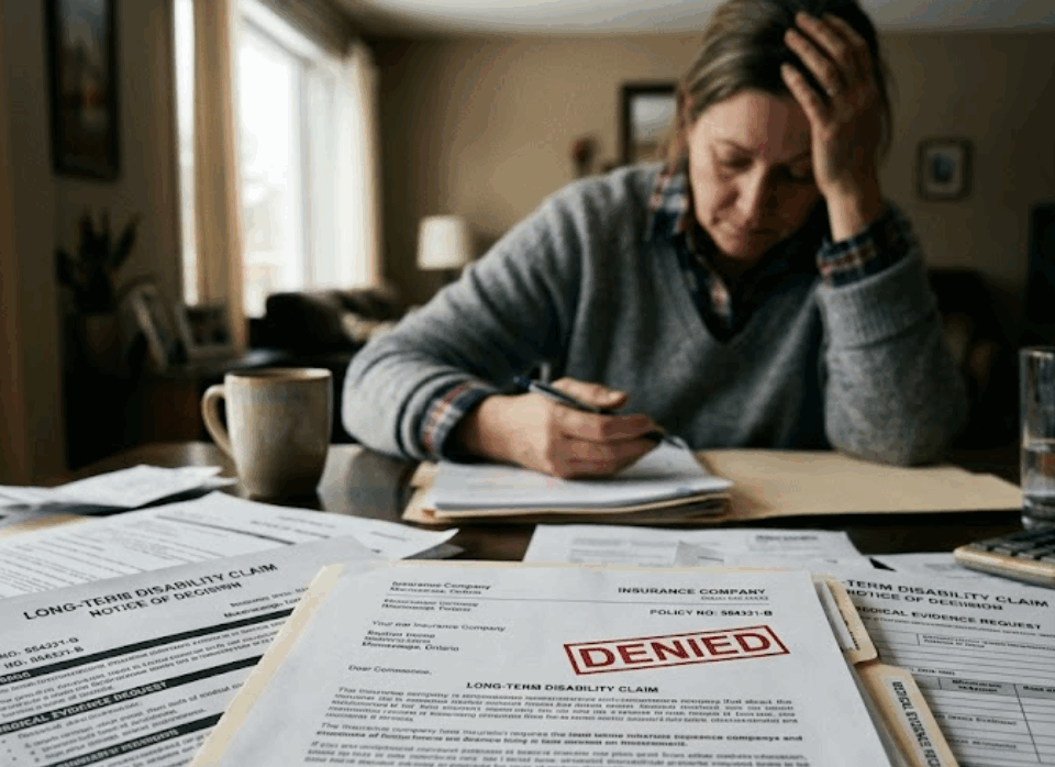 A weary person sitting at a table piled with "Long‑Term Disability Claim" documents and a "Notice of Decision" letter stamped with a red "DENIED" stamp, next to pill bottles.