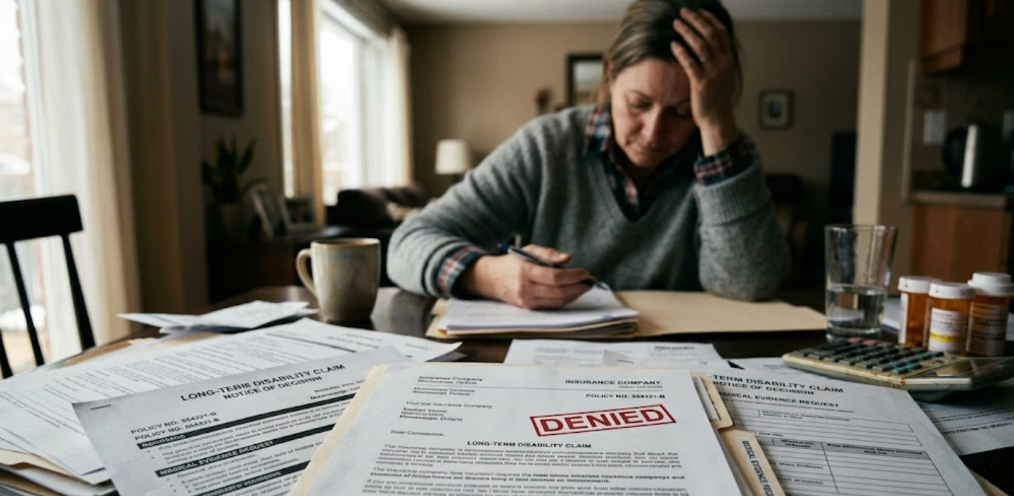 A weary person sitting at a table piled with "Long‑Term Disability Claim" documents and a "Notice of Decision" letter stamped with a red "DENIED" stamp, next to pill bottles.