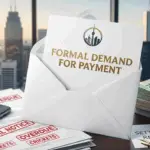 A formal legal demand letter for payment on a desk overlooking the Toronto skyline, featuring overdue invoices and Canadian currency.