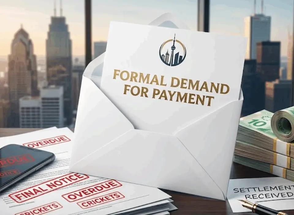A formal legal demand letter for payment on a desk overlooking the Toronto skyline, featuring overdue invoices and Canadian currency.