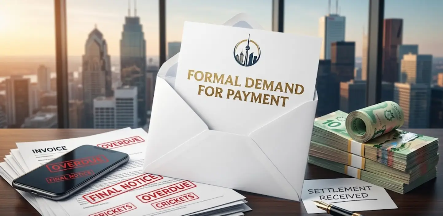 A formal legal demand letter for payment on a desk overlooking the Toronto skyline, featuring overdue invoices and Canadian currency.