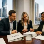 A professional female family lawyer in a Mississauga office explaining a detailed separation agreement to a focused couple with the Absolute World towers visible in the background.