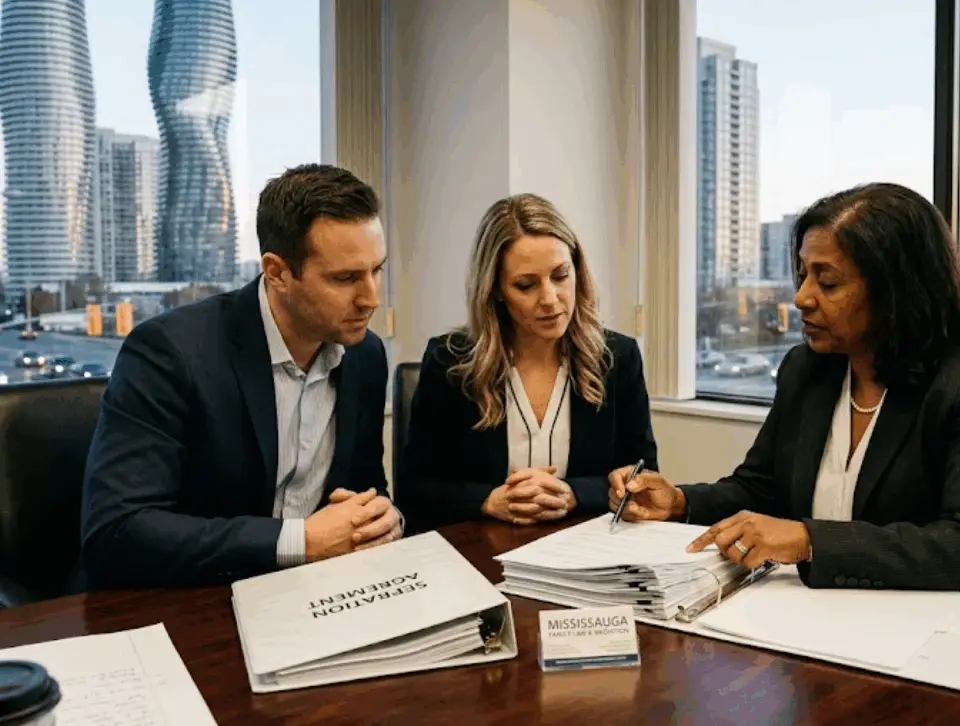 A professional female family lawyer in a Mississauga office explaining a detailed separation agreement to a focused couple with the Absolute World towers visible in the background.