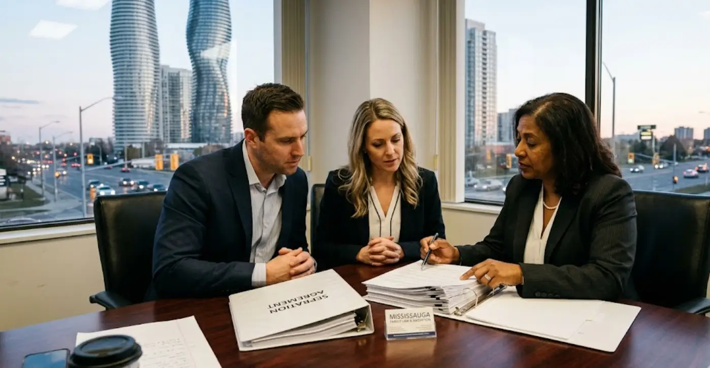A professional female family lawyer in a Mississauga office explaining a detailed separation agreement to a focused couple with the Absolute World towers visible in the background.