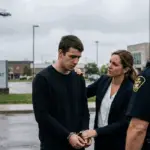 A concerned young man in handcuffs stands outside Brampton Superior Court of Justice, with his defense lawyer holding his hands supportively and talking to an OPP Auto Theft Unit officer. A helicopter flies overhead on an overcast day in Peel Region