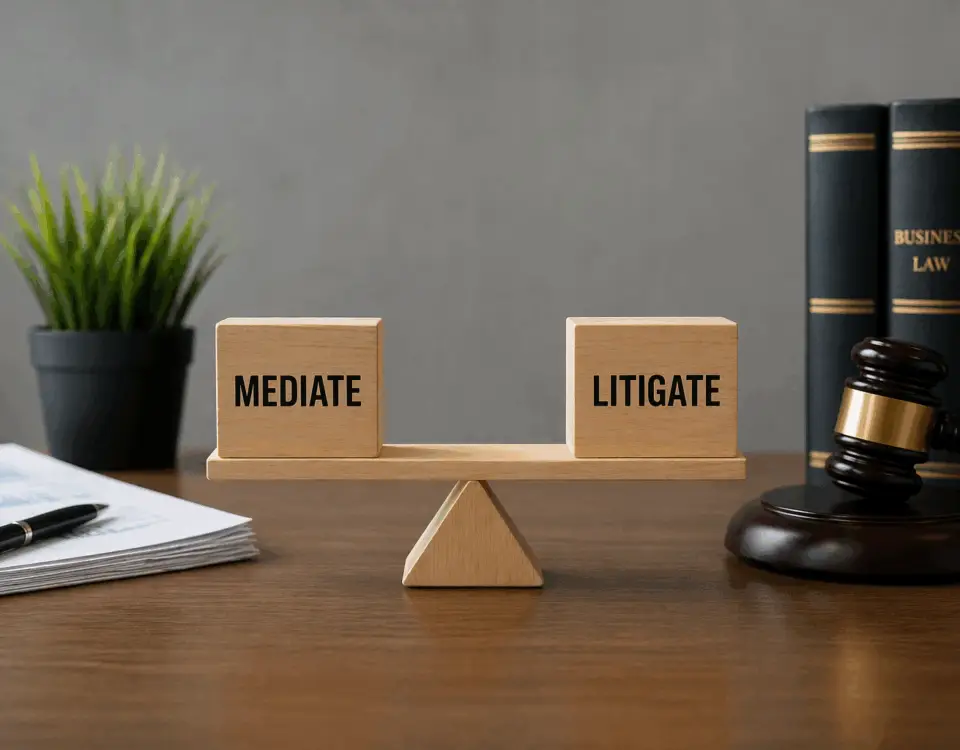 Business dispute decision concept showing mediation vs litigation balance on office desk with legal tools and documents