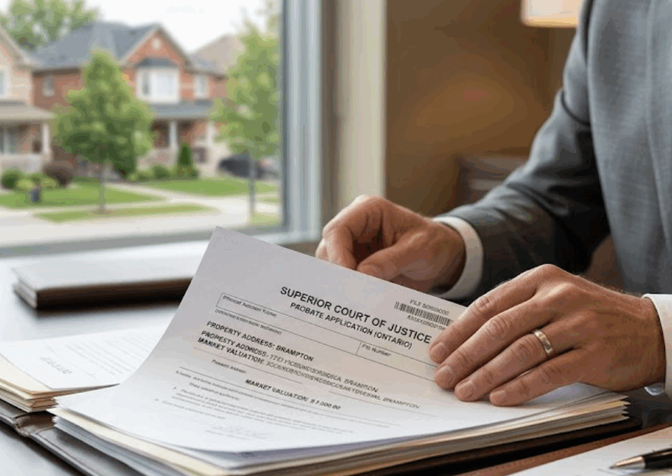 Business lawyer reviewing probate and property documents in Ontario office, symbolizing legal guidance for immigrant entrepreneurs in Toronto and Mississauga