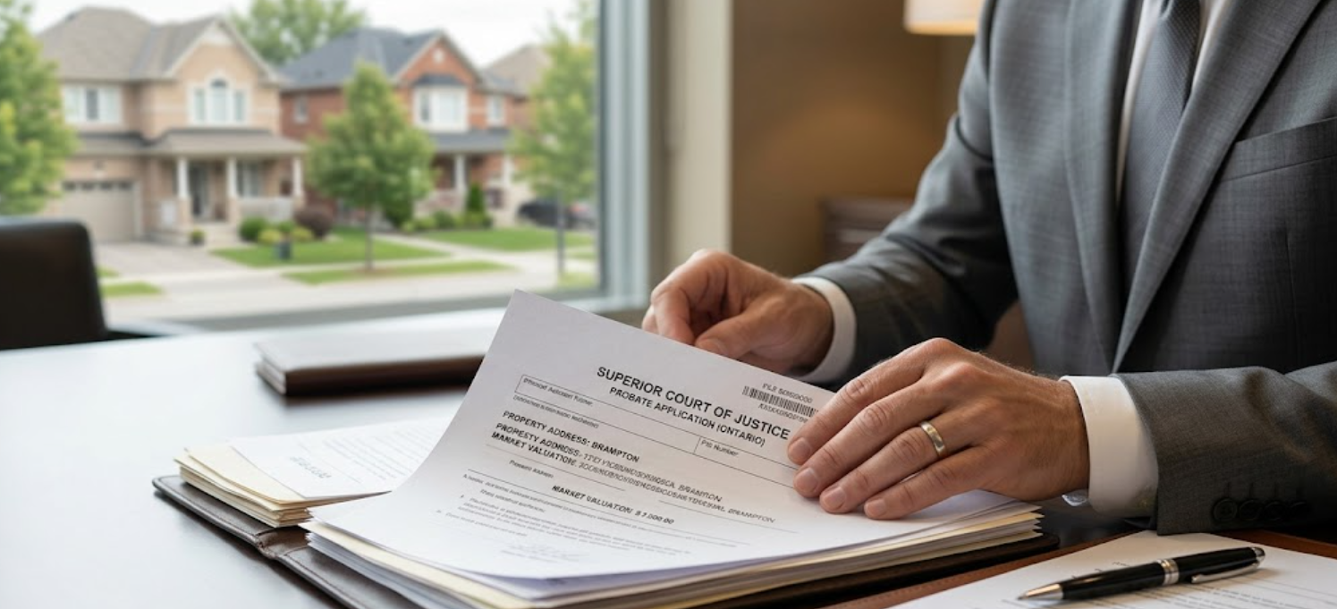 Business lawyer reviewing probate and property documents in Ontario office, symbolizing legal guidance for immigrant entrepreneurs in Toronto and Mississauga