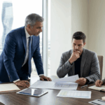 Business litigation lawyer advising clients on shareholder and partnership dispute strategy in a Mississauga office meeting