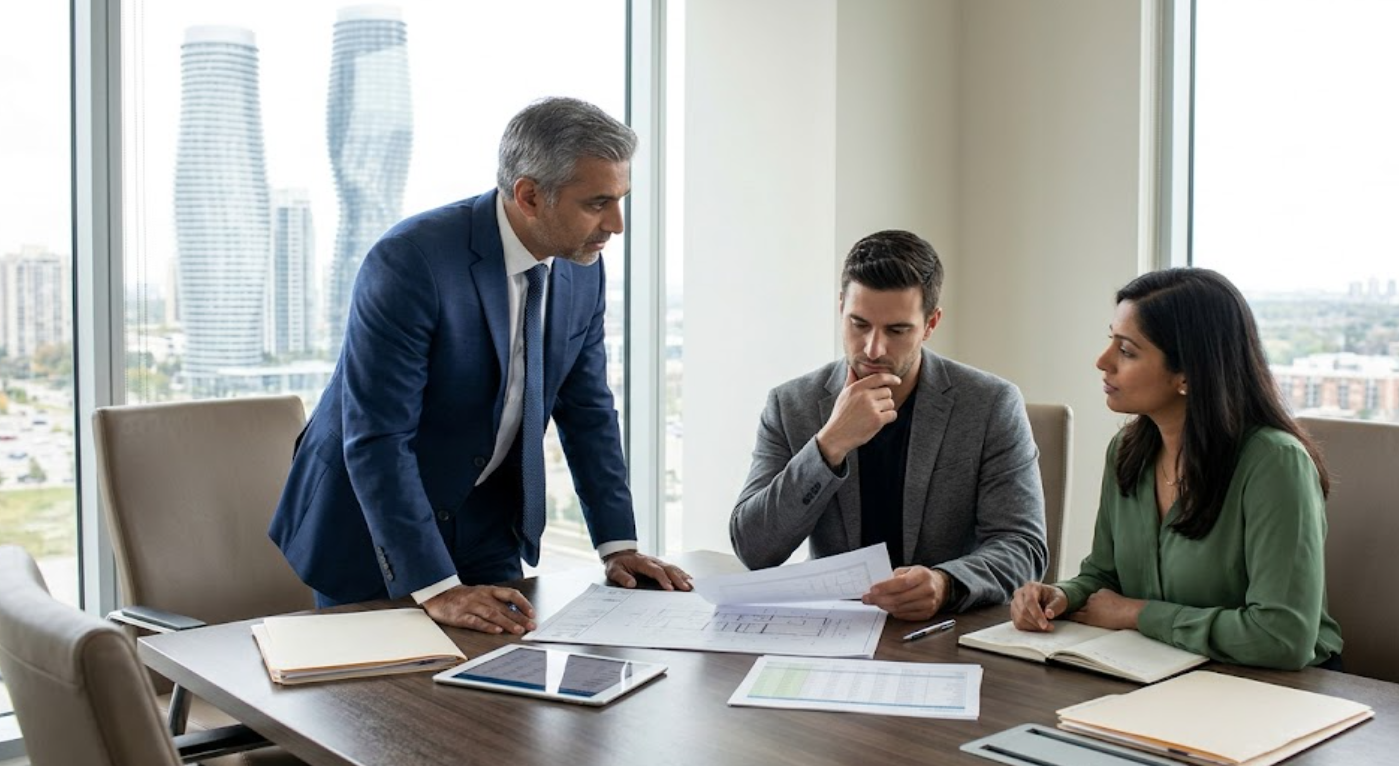 Business litigation lawyer advising clients on shareholder and partnership dispute strategy in a Mississauga office meeting