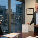 Experienced criminal defense lawyer in a Mississauga office discussing a drug possession case with a client, featuring the Nanda & Associate Lawyers office in the background