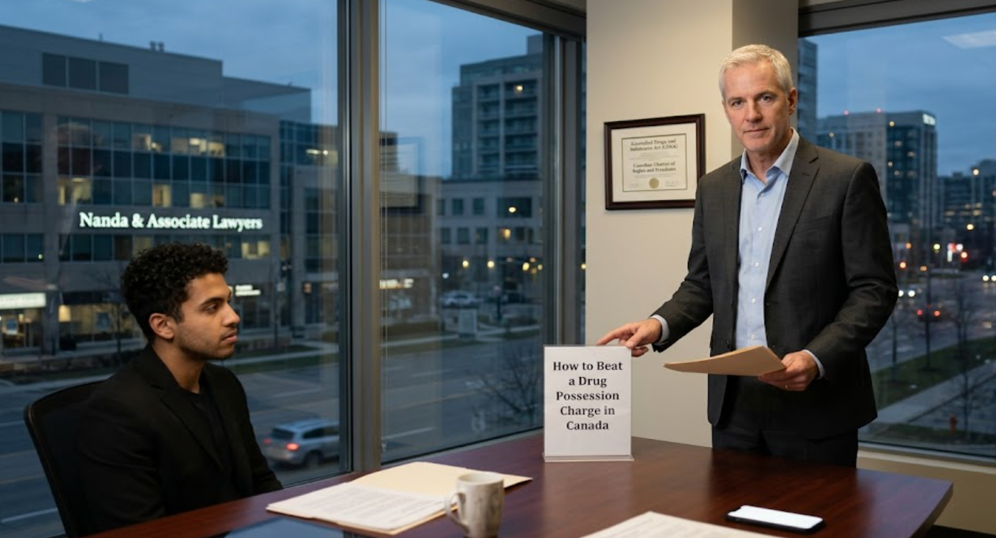 Experienced criminal defense lawyer in a Mississauga office discussing a drug possession case with a client, featuring the Nanda & Associate Lawyers office in the background