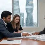 Family law consultation in a Mississauga office with three professionals discussing legal documents.