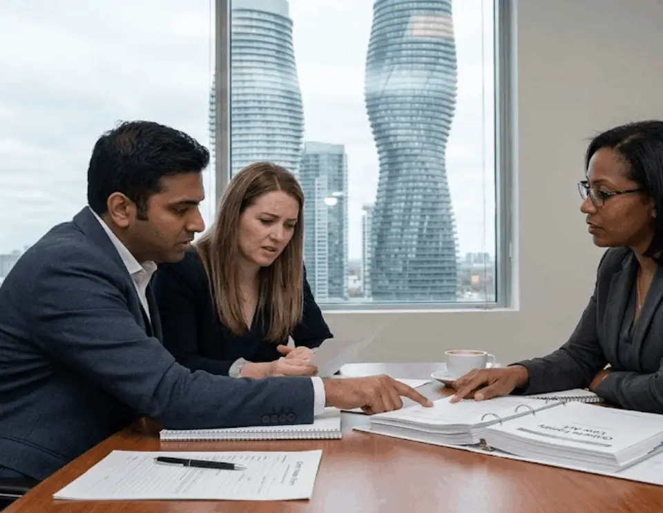 Family law consultation in a Mississauga office with three professionals discussing legal documents.