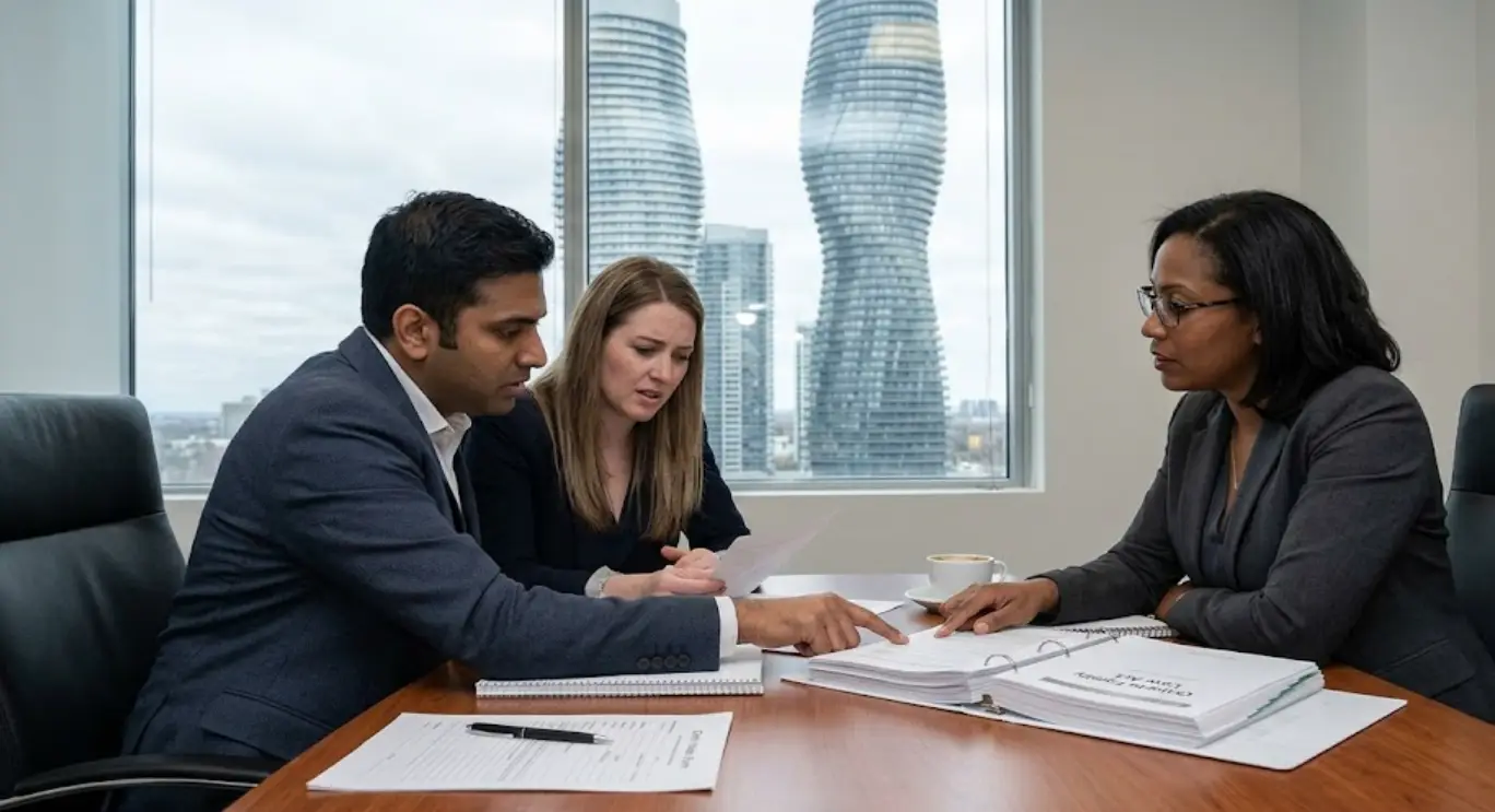Family law consultation in a Mississauga office with three professionals discussing legal documents.