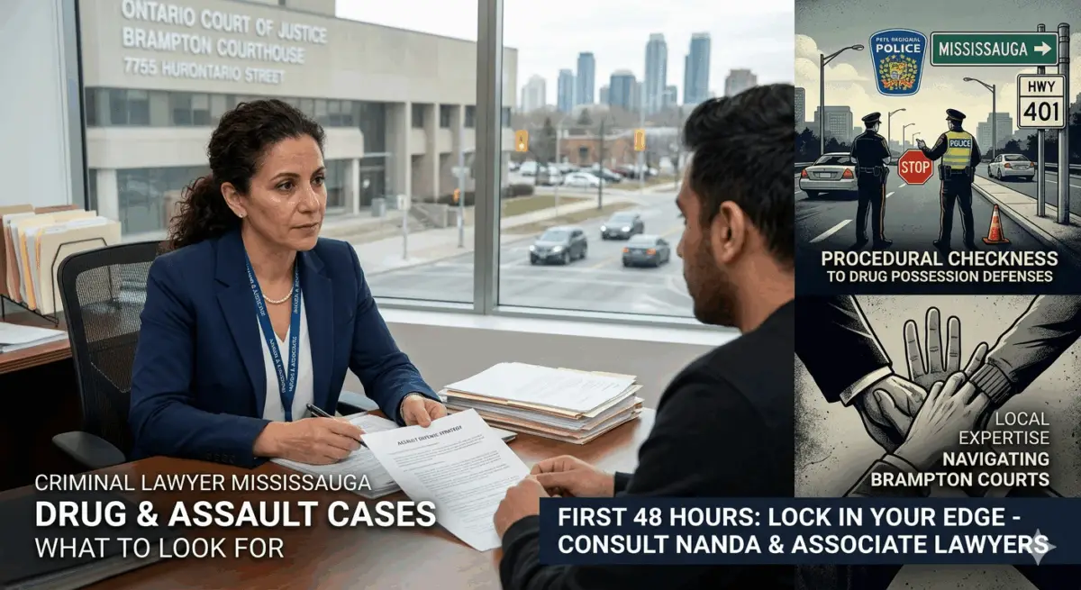 Professional criminal lawyer in Mississauga discussing drug and assault defense strategies with a client, featuring the Brampton Courthouse and Highway 401 imagery. Legal services for Peel Region court cases.
