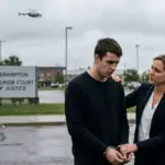 A concerned young man in handcuffs stands outside Brampton Superior Court of Justice, with his defense lawyer holding his hands supportively and talking to an OPP Auto Theft Unit officer. A helicopter flies overhead on an overcast day in Peel Region