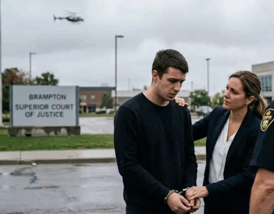 A concerned young man in handcuffs stands outside Brampton Superior Court of Justice, with his defense lawyer holding his hands supportively and talking to an OPP Auto Theft Unit officer. A helicopter flies overhead on an overcast day in Peel Region