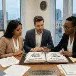 A business couple is sitting with a female lawyer at a conference room table and reviewing a legal binder and documents.