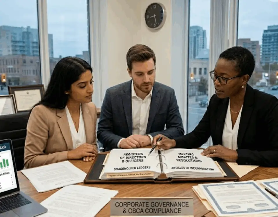 A business couple is sitting with a female lawyer at a conference room table and reviewing a legal binder and documents.