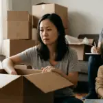 A woman looking worried as she packs moving boxes, a man on the phone in the background, and a young child looking at a world globe and map in the foreground.