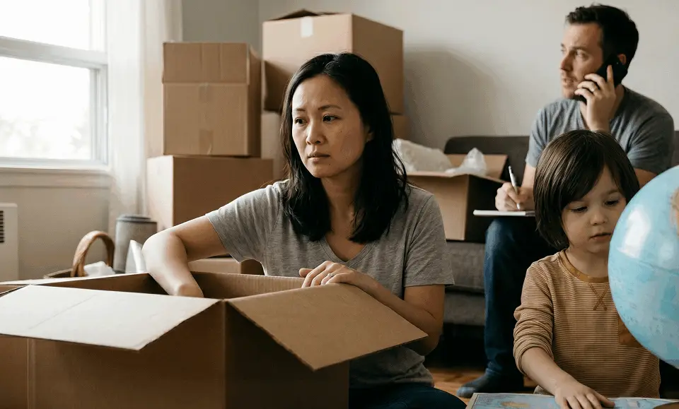 A woman looking worried as she packs moving boxes, a man on the phone in the background, and a young child looking at a world globe and map in the foreground.