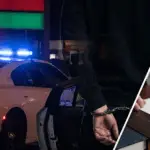 Split-screen image showing a night-time police arrest with flashing lights and a person in handcuffs next to a professional legal office setting with documents.