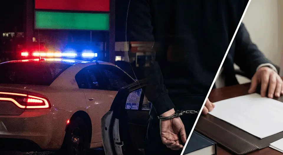 Split-screen image showing a night-time police arrest with flashing lights and a person in handcuffs next to a professional legal office setting with documents.