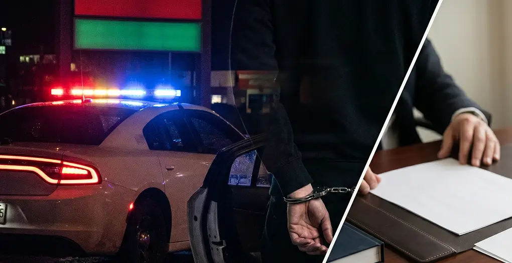 Split-screen image showing a night-time police arrest with flashing lights and a person in handcuffs next to a professional legal office setting with documents.