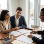 A young couple, a man and a woman, seated at a modern office desk discussing documents with an African American female lawyer, with a blurred city skyline visible through large windows.