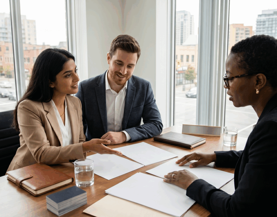 A young couple, a man and a woman, seated at a modern office desk discussing documents with an African American female lawyer, with a blurred city skyline visible through large windows.