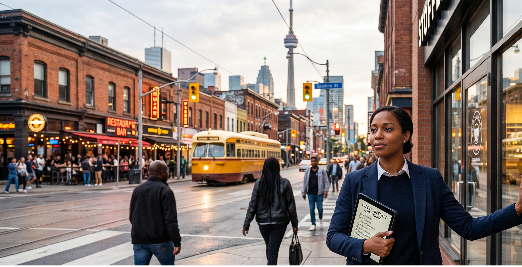 A professional woman in a suit holding a due diligence folder, standing in front of a franchise storefront in Toronto’s King West Village with a streetcar and the CN Tower in the background.