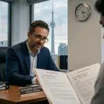 A criminal defense lawyer in a suit and glasses discusses documents with a young client in a high-rise office overlooking the Toronto skyline and CN Tower
