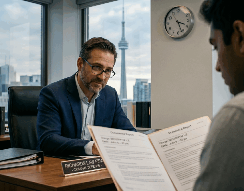 A criminal defense lawyer in a suit and glasses discusses documents with a young client in a high-rise office overlooking the Toronto skyline and CN Tower