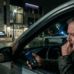 A worried man sits in a car at night holding a smartphone, with the Brampton Courthouse and a police cruiser visible in the background.