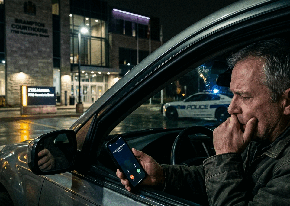 A worried man sits in a car at night holding a smartphone, with the Brampton Courthouse and a police cruiser visible in the background.