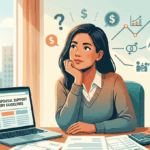 A woman is thinking as she calculates spousal support with the help of documents like a bank statement, divorce papers, and an income details spreadsheet. There are icons such as money bags, graphs, and family symbols floating above her head. A laptop in the background shows the Ontario Spousal Support Advisory Guidelines.