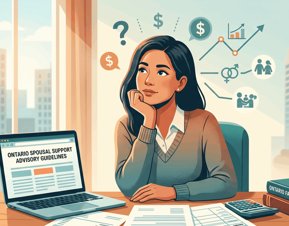 A woman is thinking as she calculates spousal support with the help of documents like a bank statement, divorce papers, and an income details spreadsheet. There are icons such as money bags, graphs, and family symbols floating above her head. A laptop in the background shows the Ontario Spousal Support Advisory Guidelines.