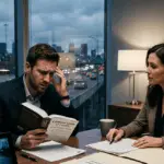 A worried man reviews the Criminal Code of Canada with a female lawyer in a Toronto office overlooking the Highway 401.