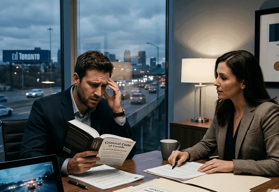 A worried man reviews the Criminal Code of Canada with a female lawyer in a Toronto office overlooking the Highway 401.