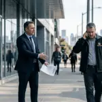 A frustrated businessman in a suit holding a legal contract while a contractor walks away on a Mississauga street, with the Toronto skyline in the background and a two-year clock icon in the corner.