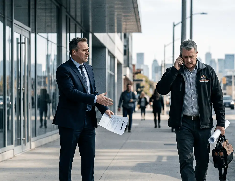 A frustrated businessman in a suit holding a legal contract while a contractor walks away on a Mississauga street, with the Toronto skyline in the background and a two-year clock icon in the corner.