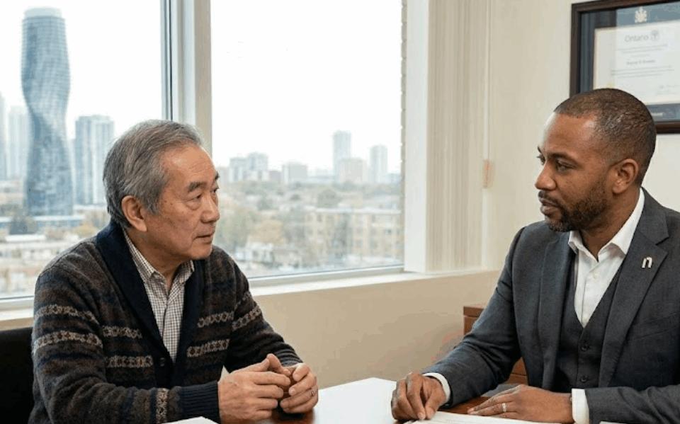 A professional male family lawyer of African descent is in a consultation with an elderly Asian male client in a bright Mississauga office. They are seated at a wooden desk with visible legal documents and a city skyline including the Absolute World towers in the background.