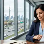 A professional female lawyer in a navy blazer sits at a desk with a male client, pointing to a bank statement in a high-rise office overlooking the Toronto skyline.