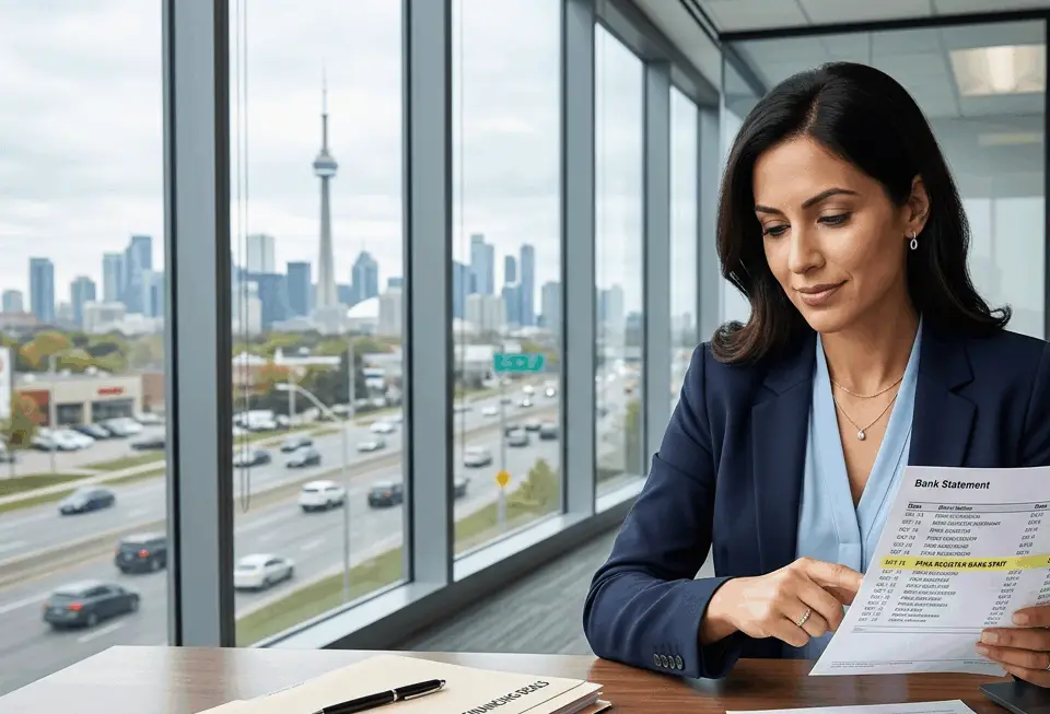 A professional female lawyer in a navy blazer sits at a desk with a male client, pointing to a bank statement in a high-rise office overlooking the Toronto skyline.