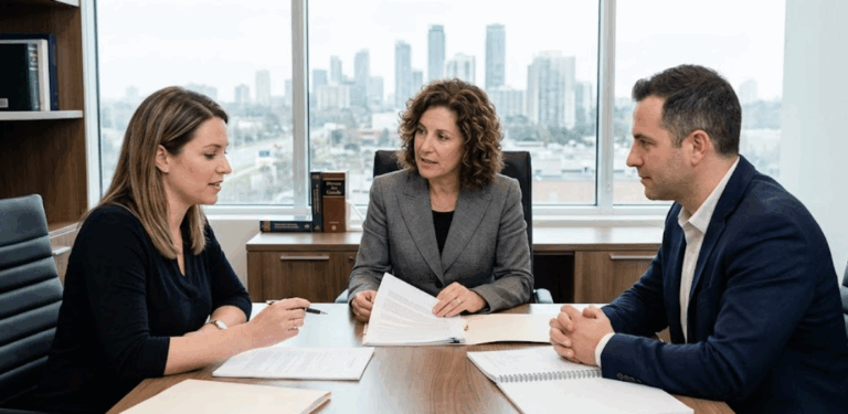 A professional legal consultation meeting inside a modern office with a large window showing a GTA city skyline. A female family lawyer sits at a wooden desk reviewing a separation agreement document with a separating couple (a man and a woman) who are listening intently.