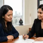 A professional female family lawyer in a black blazer discussing legal documents with a female client in a modern Mississauga office setting with a city skyline view.