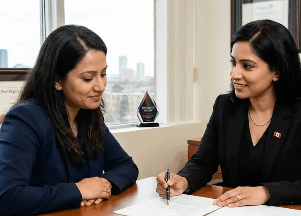 A professional female family lawyer in a black blazer discussing legal documents with a female client in a modern Mississauga office setting with a city skyline view.